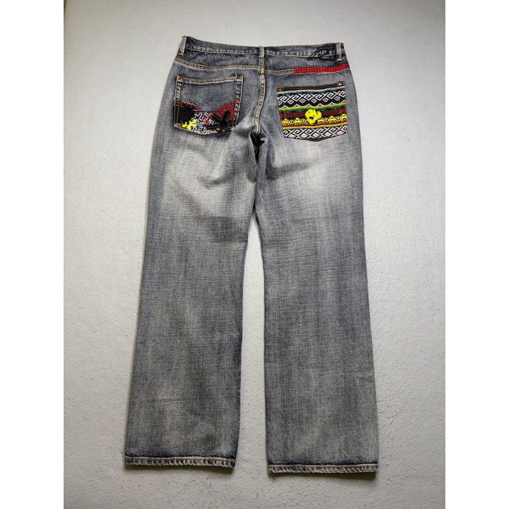 Raw Blue Jeans Mens 38x34 Gray Embroidered Hip Hop Y2K Baggy‎ Wide Leg Denim